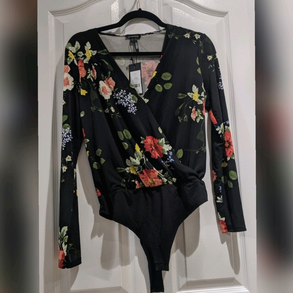 Dynamite Floral Long Sleeve V-Neck Wrap Bodysuit